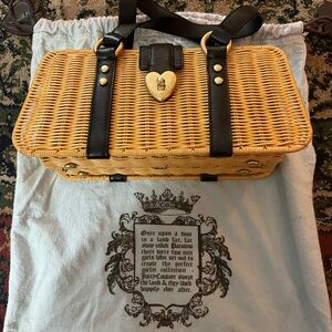 Y2K Juicy Couture Natural Tan Wicker Tote with Black Trim & Heart Lock
